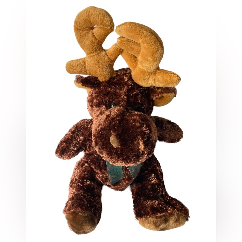 Vintage‎ Dan Dee Brown Moose Stuffed Animal Plush Green Ribbon. Small 6-14"